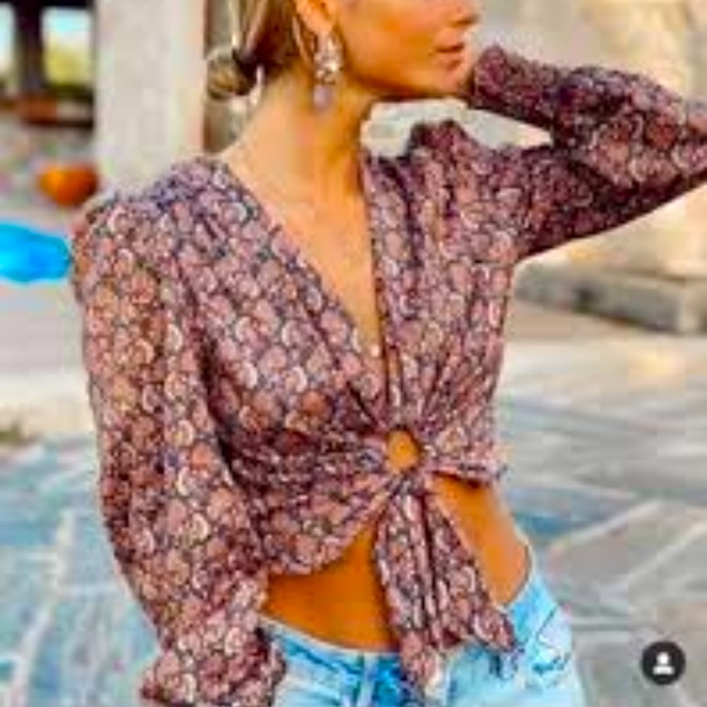 Zara Floral Knot-Front Blouse - Brown and Pink